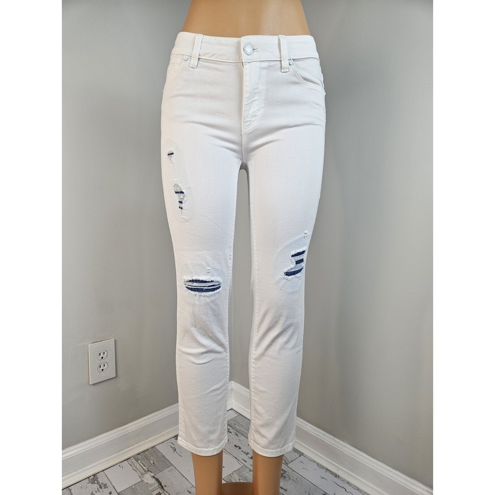 White House Black Market The Straight White Distressed Cropped Jeans Size 0 S